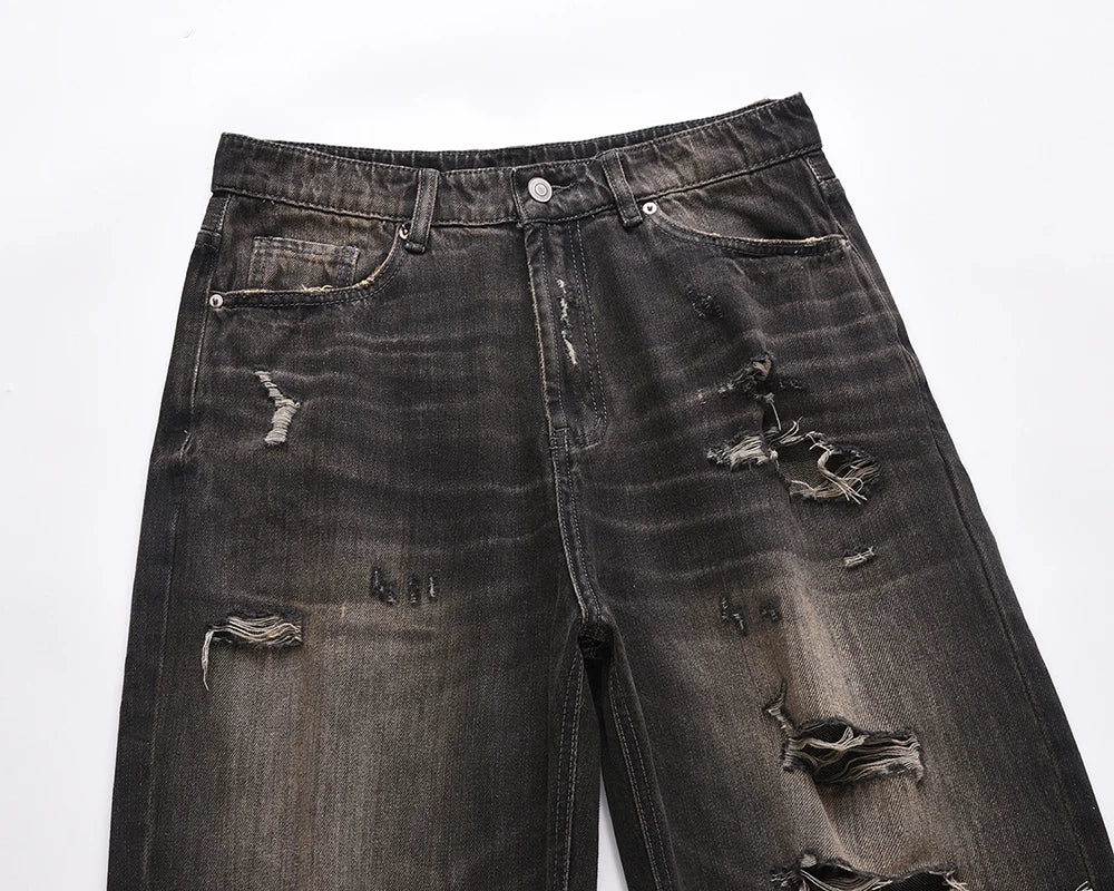 streetwear frayed hole distreesed ripped baggy jeans for men and women pantalones hombre y2k casual denim trousers oversized unique jeans style 5917