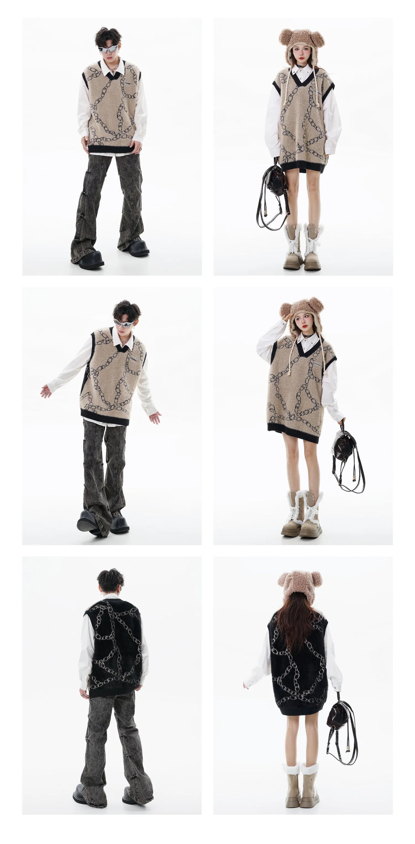 high street harajuku imitation mink hair knitted vest chain color block v neck pullover sweater vest oversized knitwear trendy Y2K vintage urban hoodie, high quality cotton pullover, unique limited edition hoodie