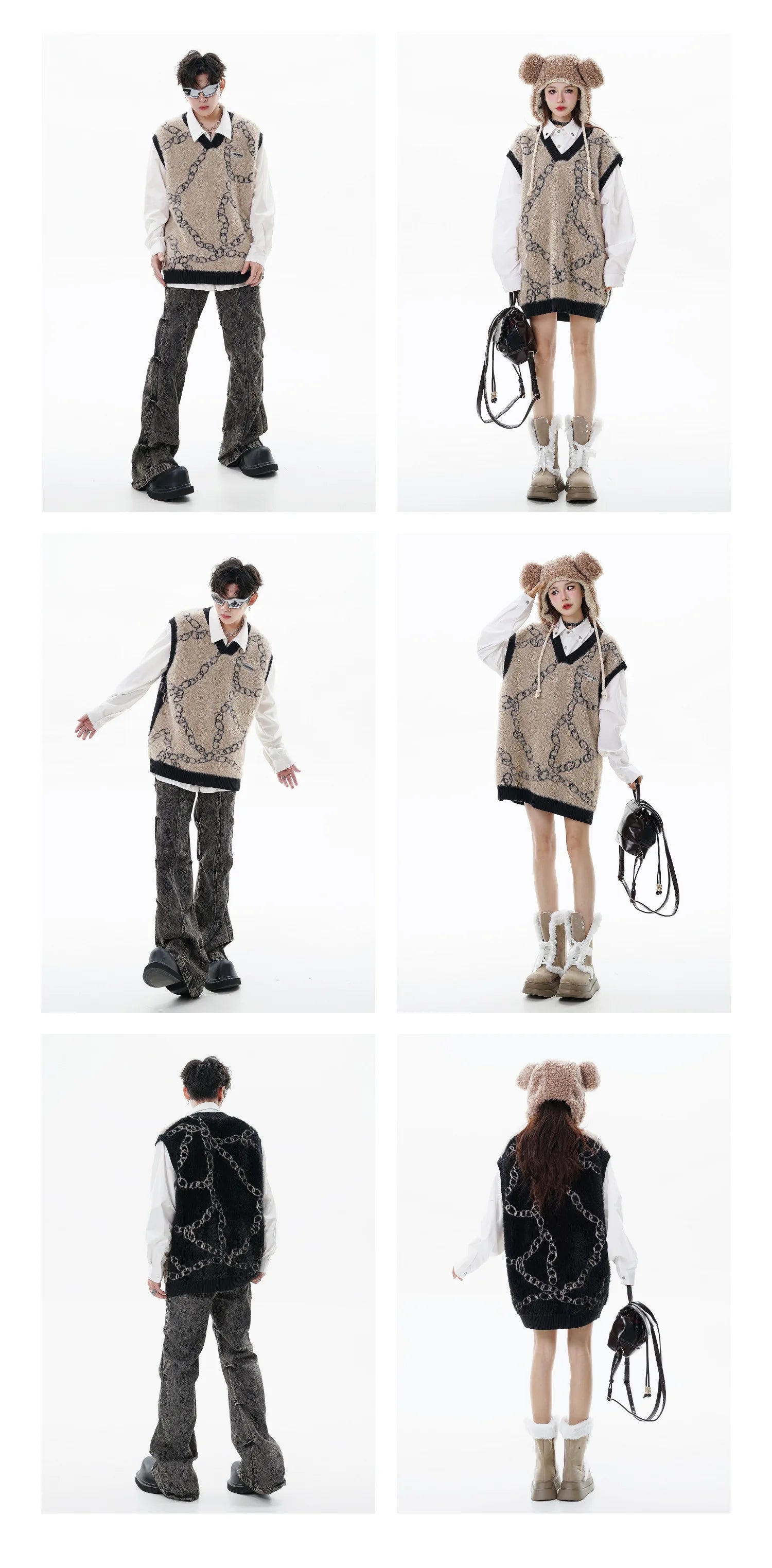 high street harajuku imitation mink hair knitted vest chain color block v neck pullover sweater vest oversized knitwear trendy Y2K vintage urban hoodie, high quality cotton pullover, unique limited edition hoodie