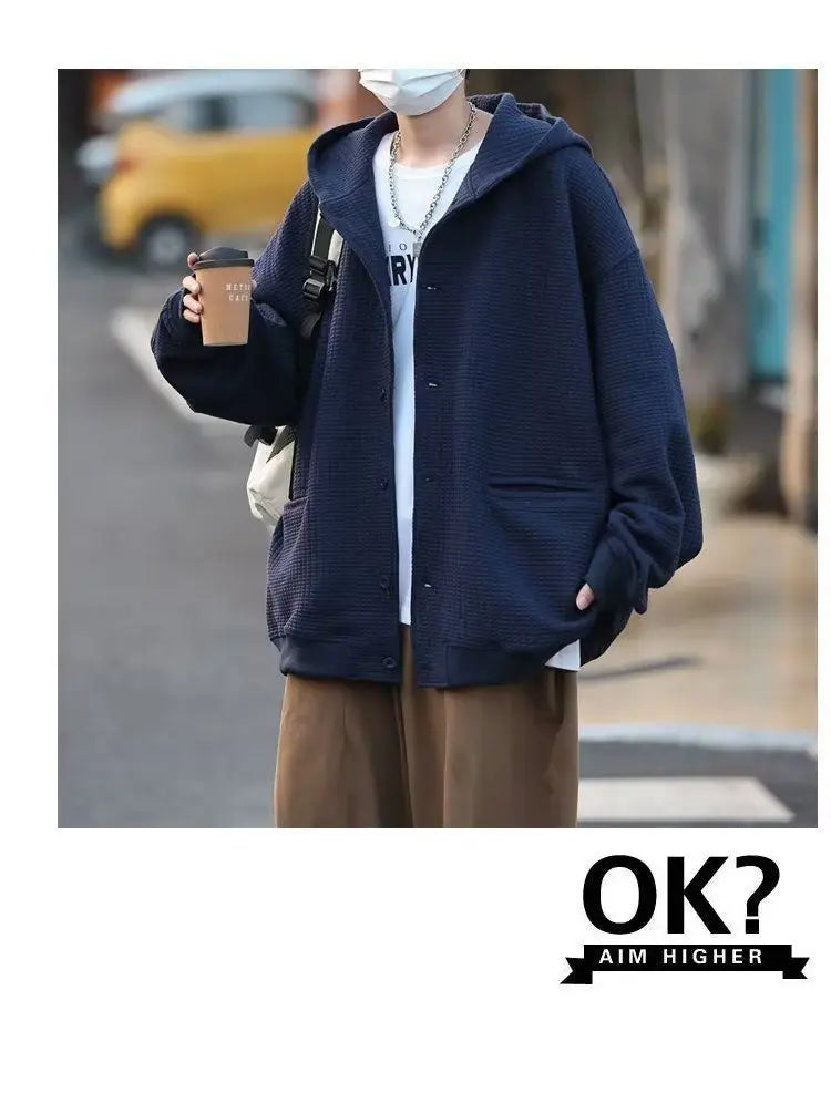 Korean Retro Y2K Waffle Hooded Jacket for Men and Women Ins Harajuku Style Casual Loose Couple Wear Cardigan Sweatshirt