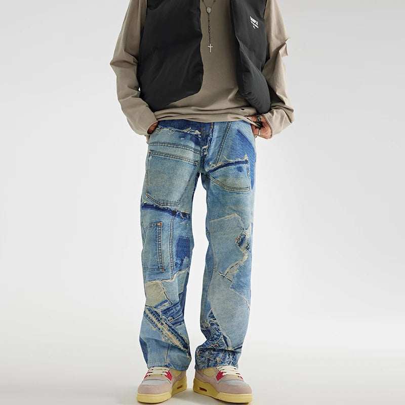 fashion fake patchwork printed denim jeans mens new casual zipper straight loose jeans streetwear hip hop baggy pants joggers urban active pants