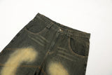 color match pocket washed baggy jeans shorts for men and women wide leg streetwear casual over knee length denim pants unique jeans style 4707