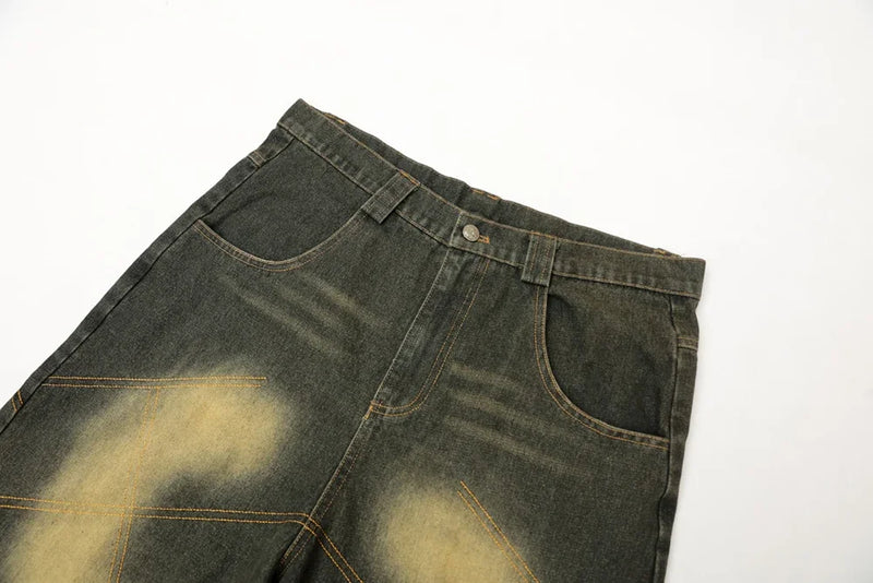 color match pocket washed baggy jeans shorts for men and women wide leg streetwear casual over knee length denim pants unique jeans style 4707