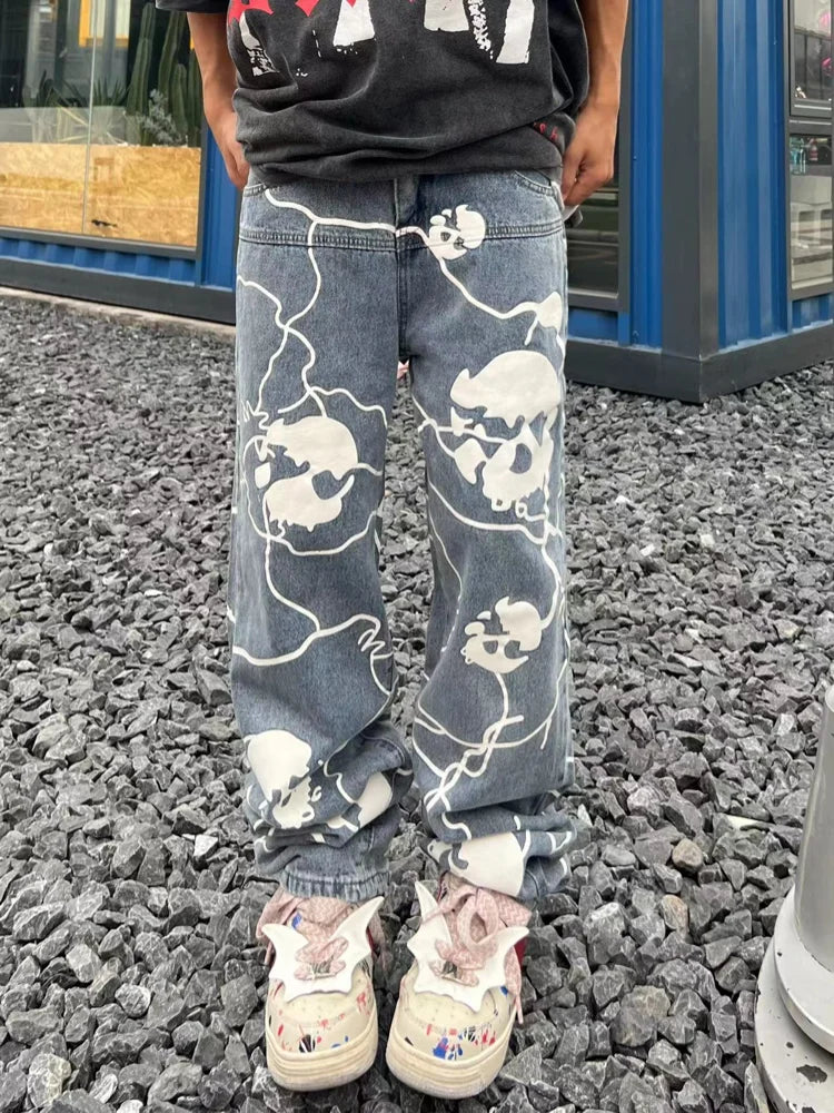 fashion lightning skull printed denim jeans mens unisex casual zipper straight jeans streetwear hip hop y2k jean pants joggers relaxed fit joggers
