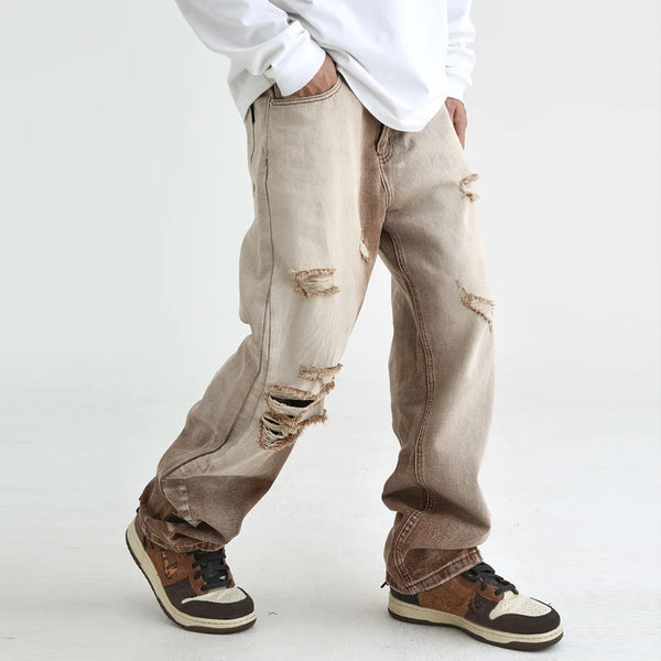 fashion denim jeans mens destoryed holes zipper straight jeans hip hop streetwear spring summer casual joggers jeans men pants sporty tapered joggers