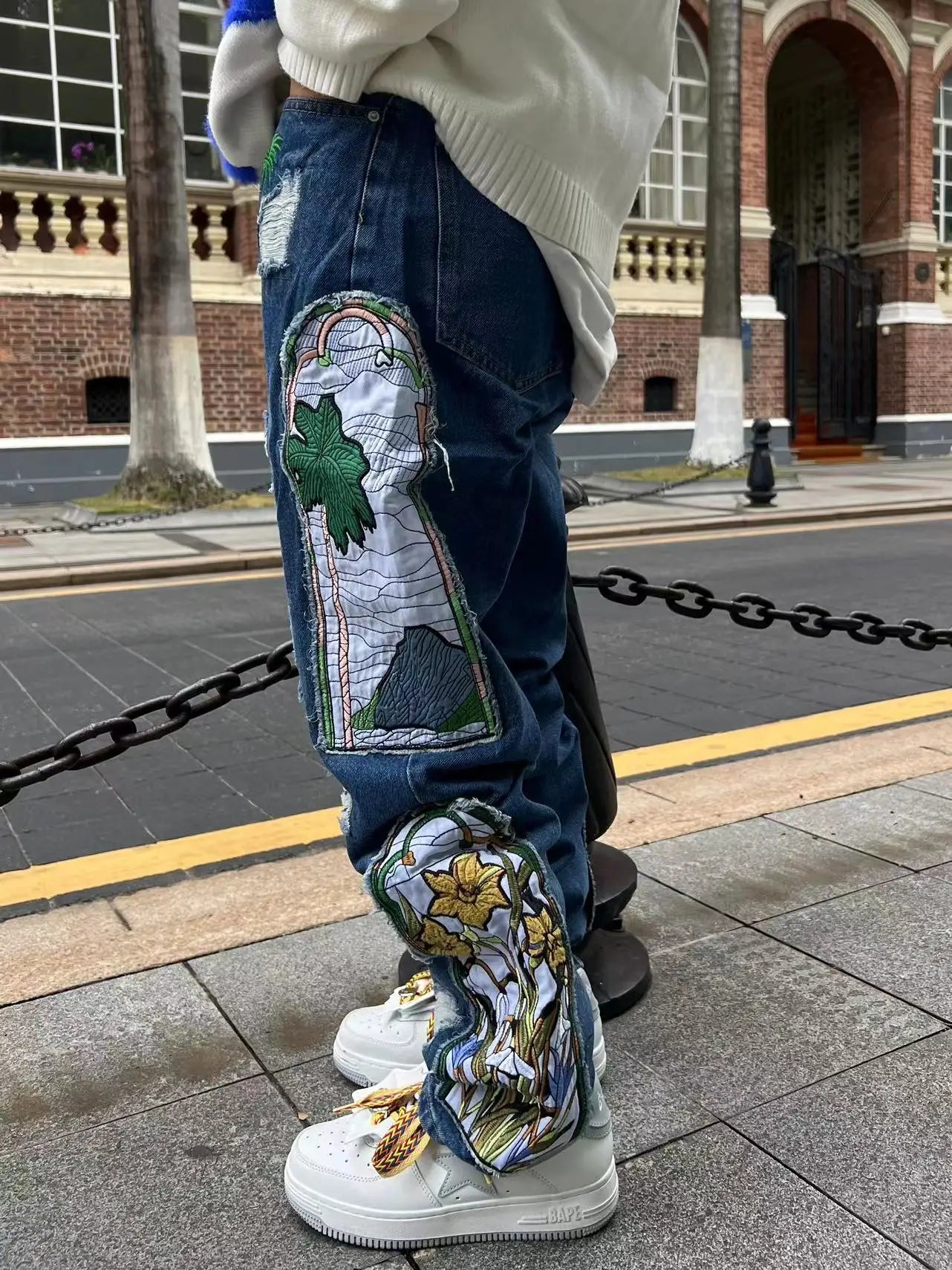 harajuku fashion embroidered patches straight denim pants hip hop washed torn jeans black blue patchwork y2k jeans baggy men unique jeans style 1549