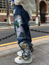 harajuku fashion embroidered patches straight denim pants hip hop washed torn jeans black blue patchwork y2k jeans baggy men unique jeans style 1549