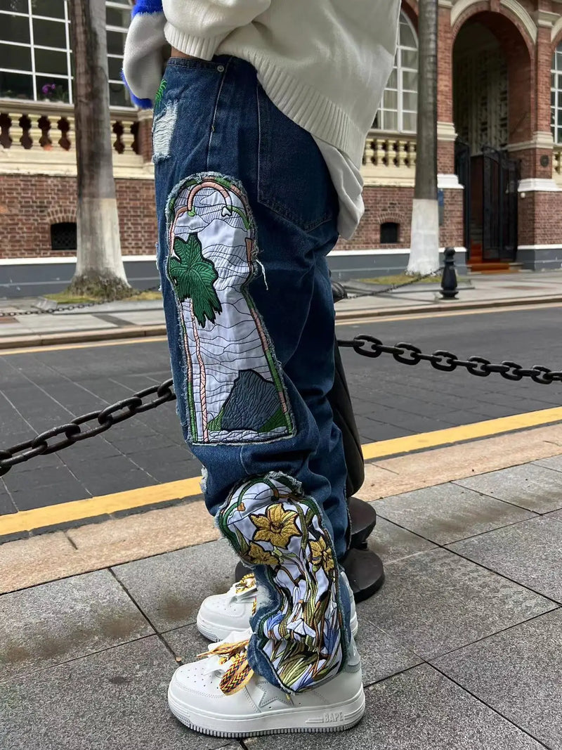 harajuku fashion embroidered patches straight denim pants hip hop washed torn jeans black blue patchwork y2k jeans baggy men unique jeans style 1549