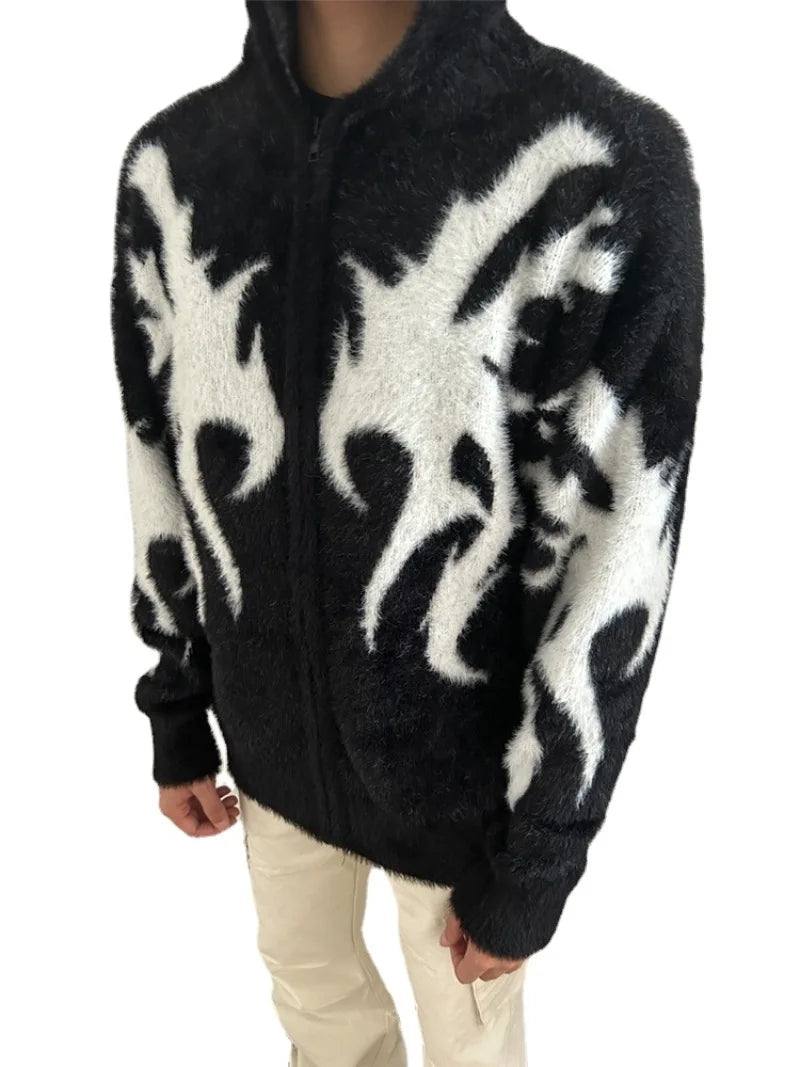mens hooded cardigan sweater fashion harajuku pattern streetwear hip hop zipper warm knitted sweaters hood coats unisex jumpers - unisex casual winter pullover, vintage look oversized hoodie, trendy hip hop fashion hoodie