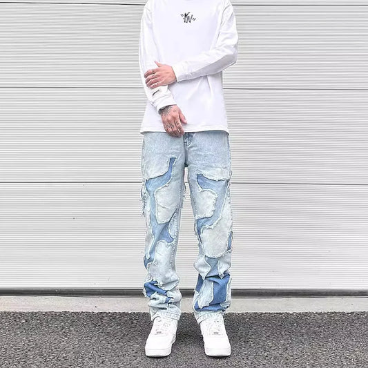 streetwear swag style blue frayed jeans pants for men retro washed ripped casual tapered denim trousers slim fit y2k jean male denim street jeans