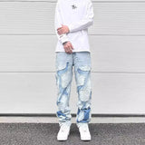 streetwear swag style blue frayed jeans pants for men retro washed ripped casual tapered denim trousers slim fit y2k jean male denim street jeans