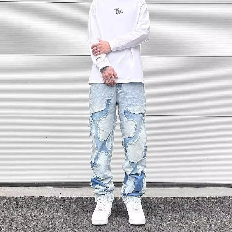 streetwear swag style blue frayed jeans pants for men retro washed ripped casual tapered denim trousers slim fit y2k jean male denim street jeans