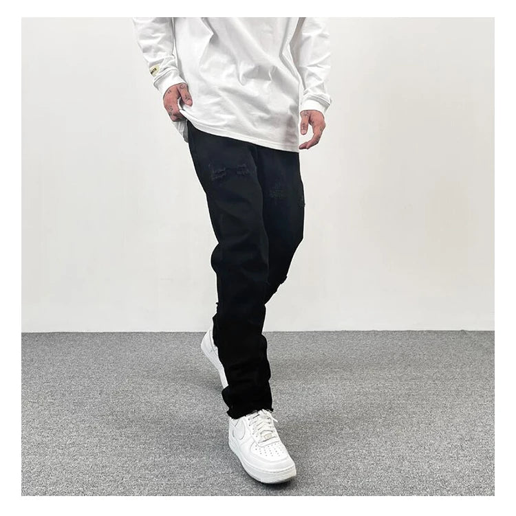 original tie dyed ripped flared denim jean for men streetwear washed hole casual stacked jeans pants mens slim fit jeans 2023 unique jeans style 3731