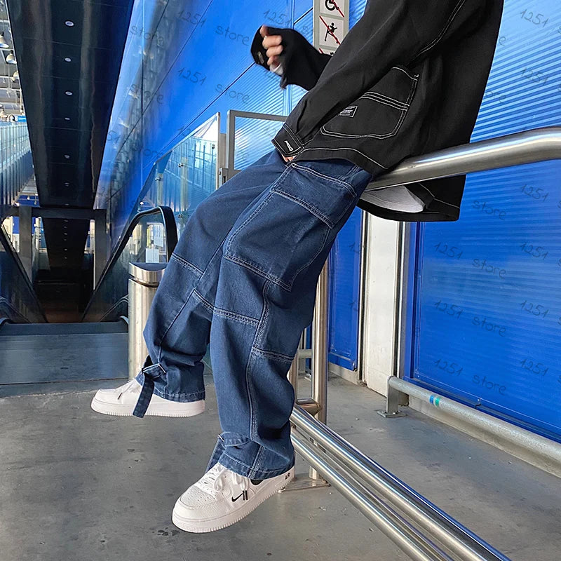 men jeans wide leg denim pants loose straight baggy mens jeans hip hop streetwear skateboard neutral denim trousers cargo jeans multi-pocket cargos
