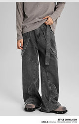 american high street vibe fashion splice jeans mens belt loose casual vintage wide leg straight denim baggy jeans pants trouser unique jeans style 1459