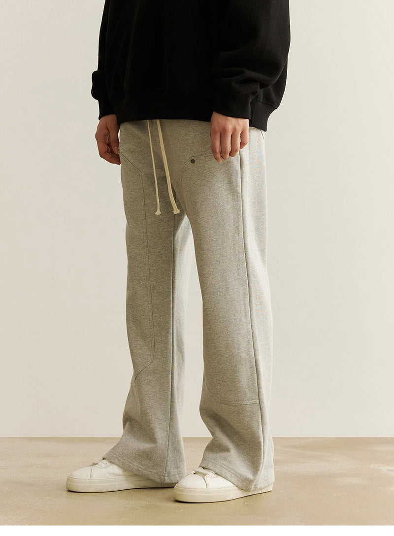 american streetwear gray flared sweatpant men double knee patch micro flare overalls harajuku casual patchwork sweat pants black unique joggers style 2954