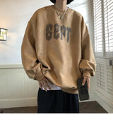 Suede Korean Trendy Round Neck Sweatshirt for Men American Retro Print Trendy Brand Autumn Loose Couple Wear Jacket Tops