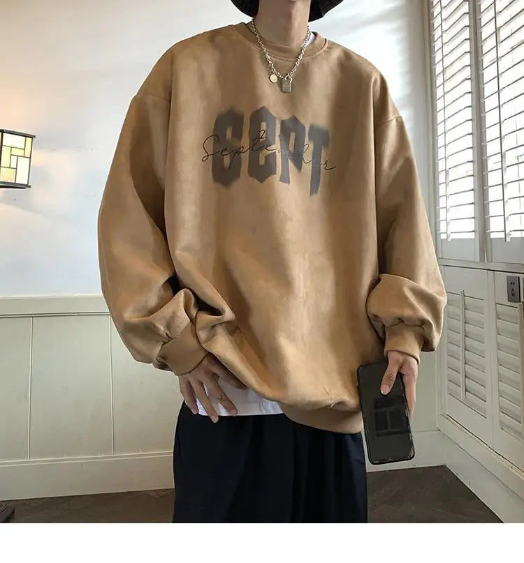 Suede Korean Trendy Round Neck Sweatshirt for Men American Retro Print Trendy Brand Autumn Loose Couple Wear Jacket Tops