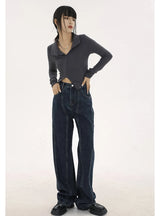 navy blue vintage jeans womans high waist summer wide leg denim trouser baggy streetwear chic design ladies straight jean pants unique jeans style 2872