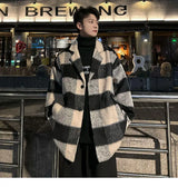 Plaid Woolen Trenchcoat Men Autumn Winter Fashion Retro Streetwear Suit Collar Loose Casual Trendy Trench Coat Outerwear