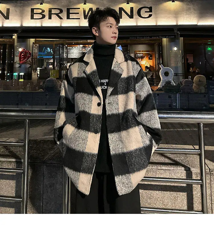 Plaid Woolen Trenchcoat Men Autumn Winter Fashion Retro Streetwear Suit Collar Loose Casual Trendy Trench Coat Outerwear