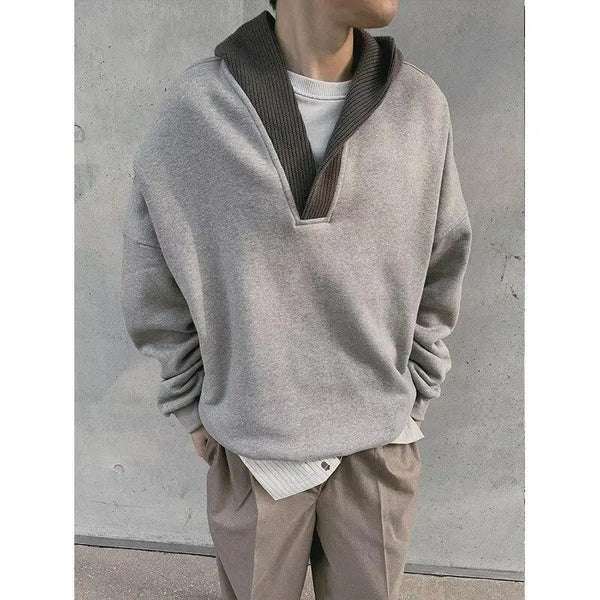 Trendy Korean Street Gray Sweatshirt Men's Spring and Autumn Knitted Ins Stitching Personalized Design Retro Top Hooded Jacket