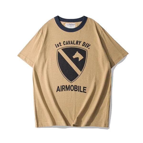 Summer Short Sleeved Men'S Military Retro Cavalry Division Letter Printing Casual Cotton Breathable Color Matching Round Neck
