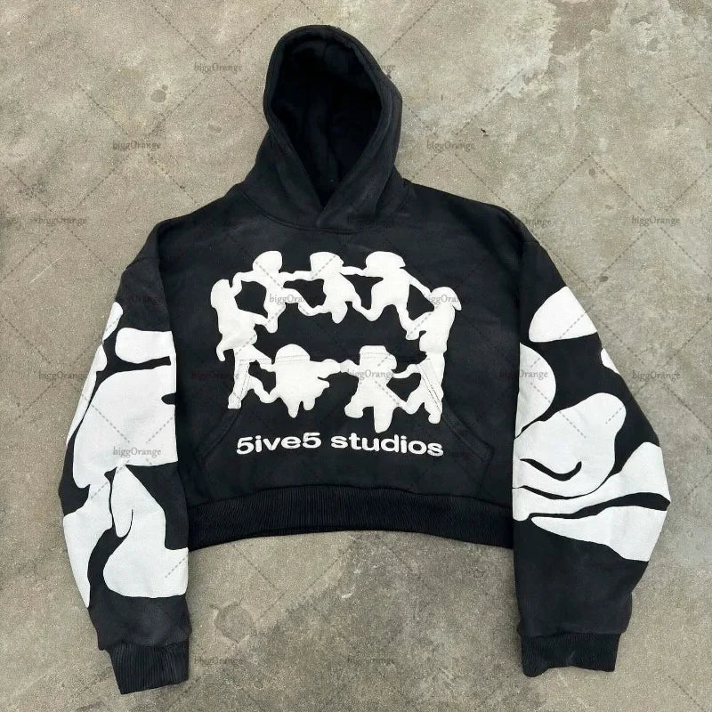 Retro Gothic Trend Letter Pattern Printed Oversized Hoodie Mens Fashio