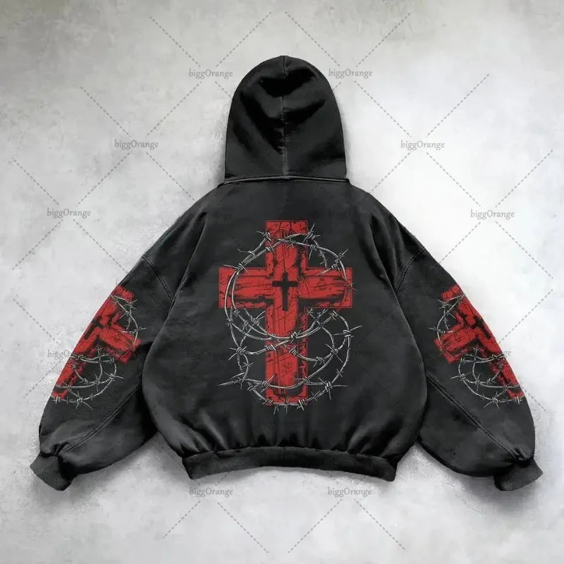 Gothic Punk Style Y2K Harajuku Retro Hoodie Cross Hip-hop Casual Loose Oversized Sweatshirt Men American Trend Brand Streetwear
