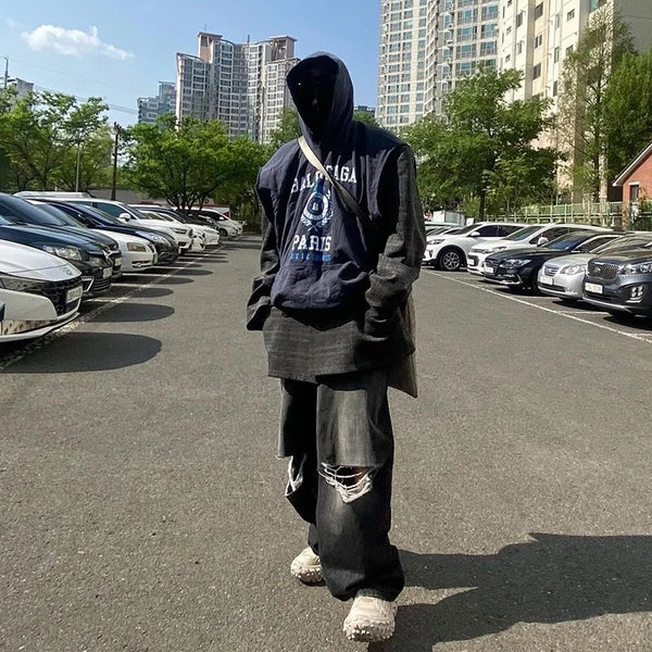baggy damaged heavy industry washed jeans pants vibe loose casual silhouette straight worn pants knee ripped denim trousers vintage washed jeans