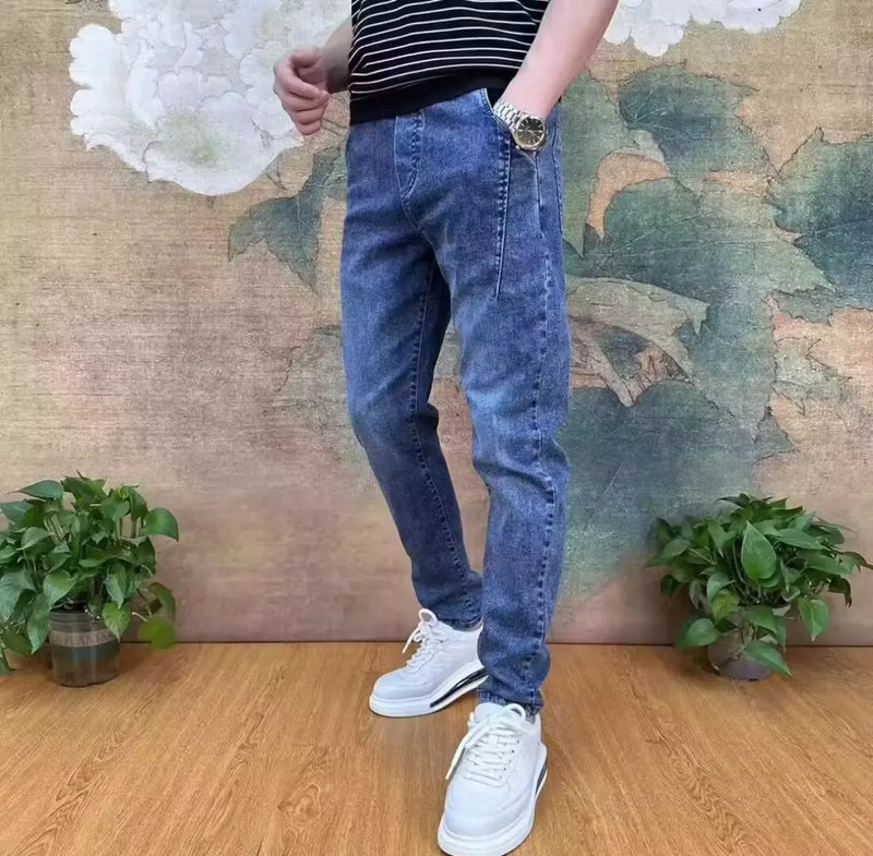 men harem drawstring jeans cool casual stretch elastic waist trousers male denim pants hip hop korean harem joggers cargo jeans casual joggers