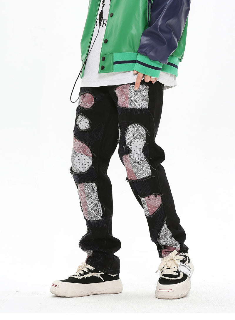 patchwork harajuku denim jeans mens zipper jeans hip hop fashion streetwear new casual straight joggers pants jeans for men unique joggers style 2466