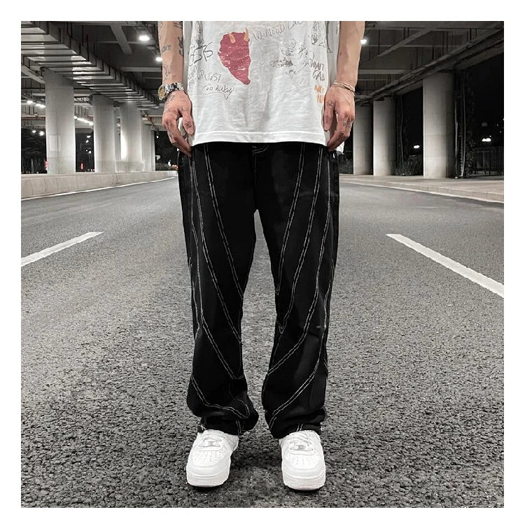 fashion design lines denim jeans mens zipper loose straight trousers hip hop new casual streetwear pants joggers baggy jeans unique joggers style 1458