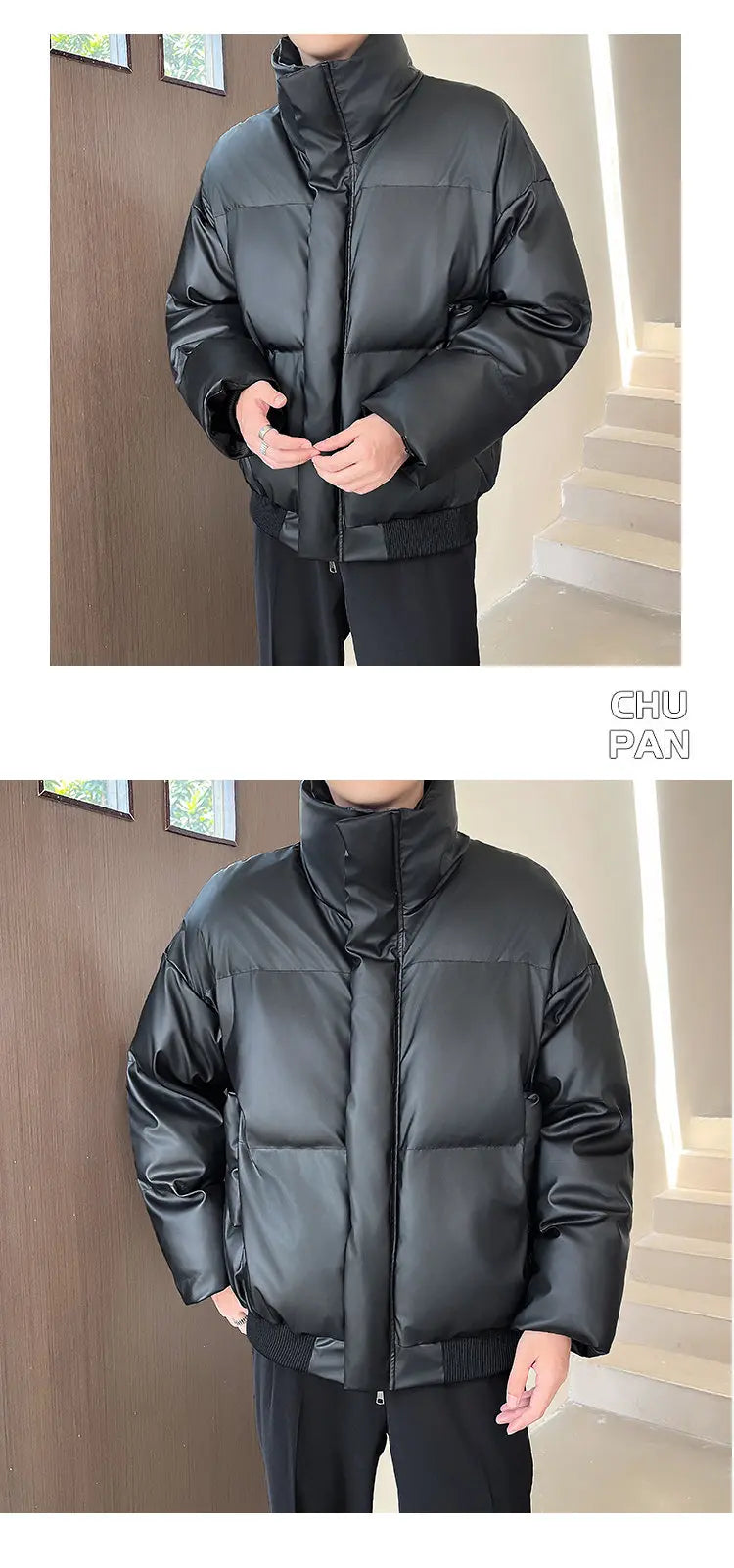 Winter Stand Collar Thicken Leather Short Jacket Men Fashion Loose Casual Warm Cotton-padded PU Leather Bomber Jacket Parka Coat