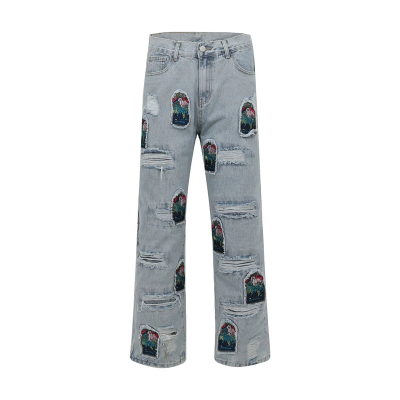 fashion ripped holes patchwork harajuku embroidery denim straight jean pants y2k trouser unisex hip hop streetwear jeans pants unique jeans style 4235