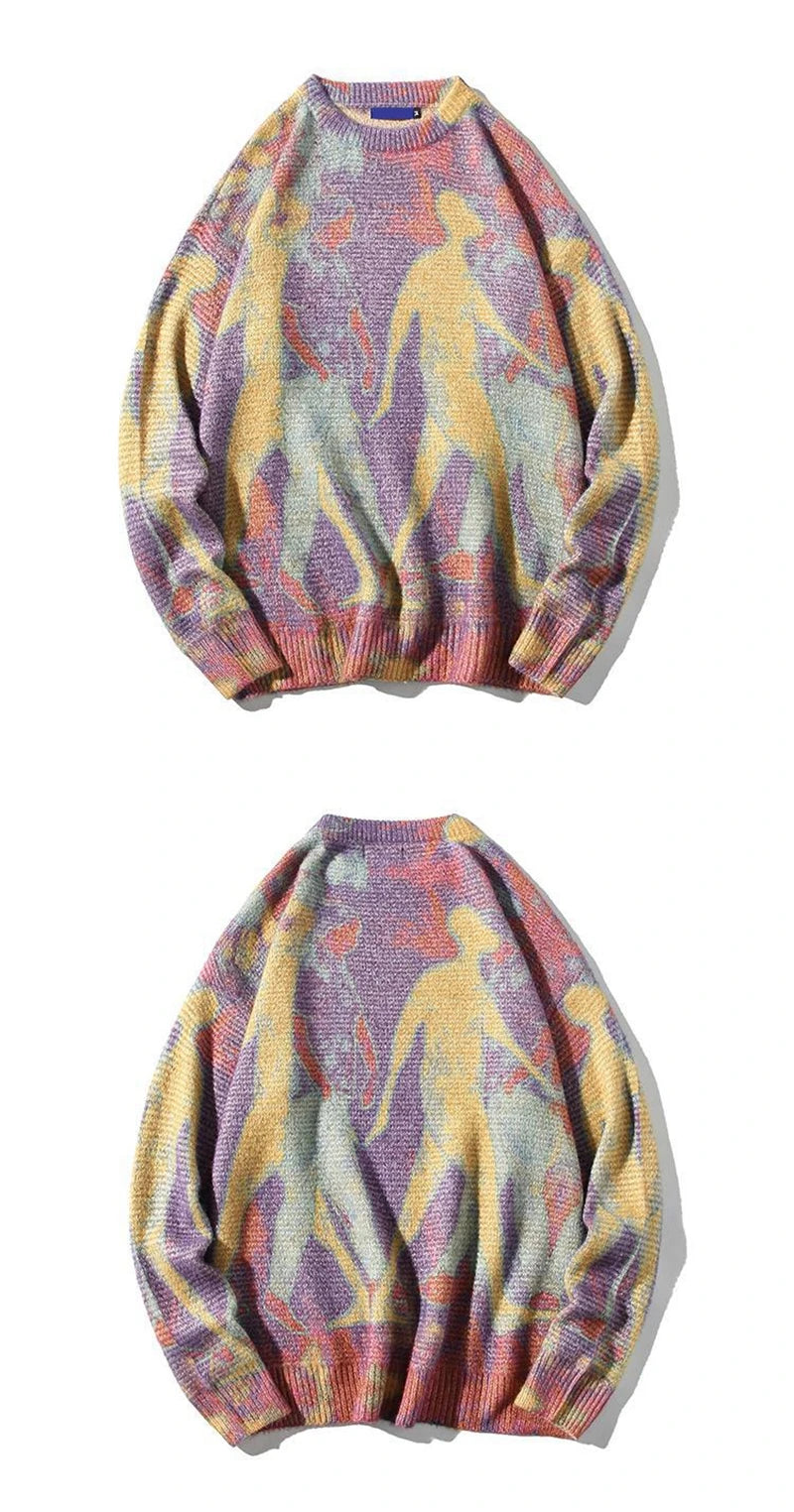 rainbowtouches men sweater high street printing graffiti purple pullover vintage round neck knitted sweater spring and autumn - oversized streetwear hoodie, vintage look oversized hoodie, urban fashion pullover