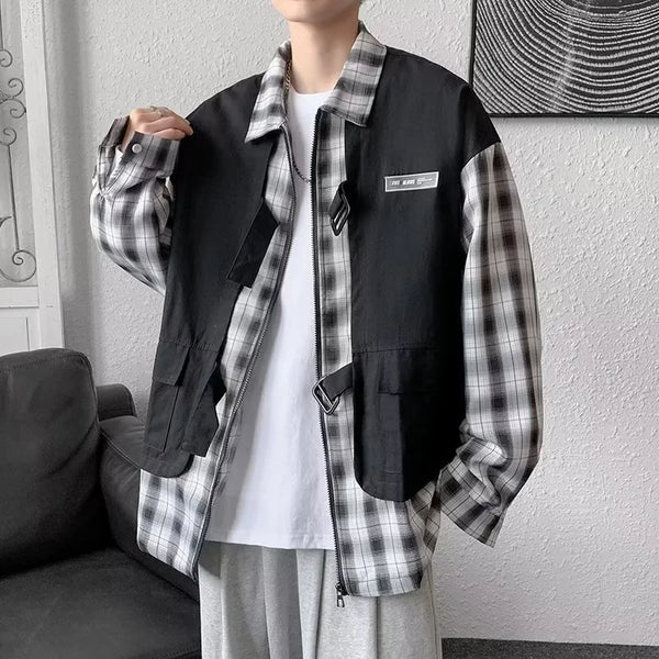 Men’s Urban Zip Shirt – 2024 New Fake Two Piece Zip Plaid Cargo Shirts Mens Japanese Streetwear Fashion Social Shirt Autumn Long Sleeve Baggy Y2K Shirt | Button Shirt Drop #889