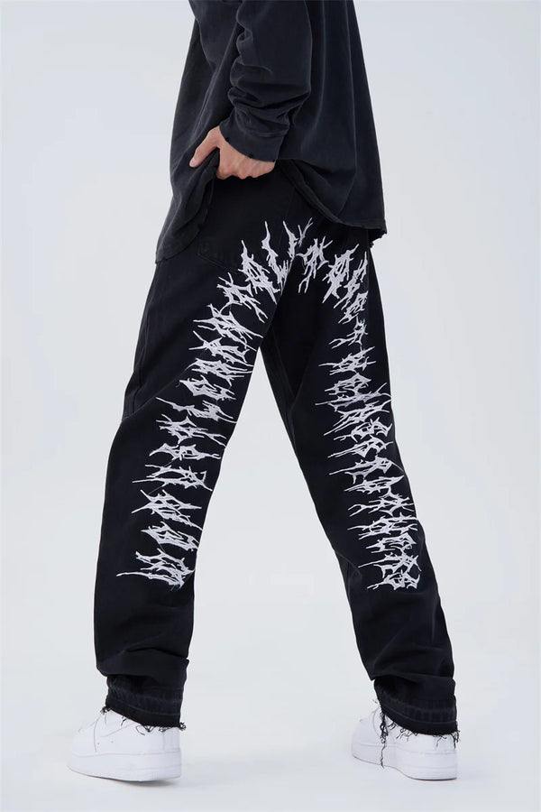 fashion back letters embroidery denim jeans mens casual zipper straight harajuku jean trouser hip hop streetwear pants joggers casual joggers