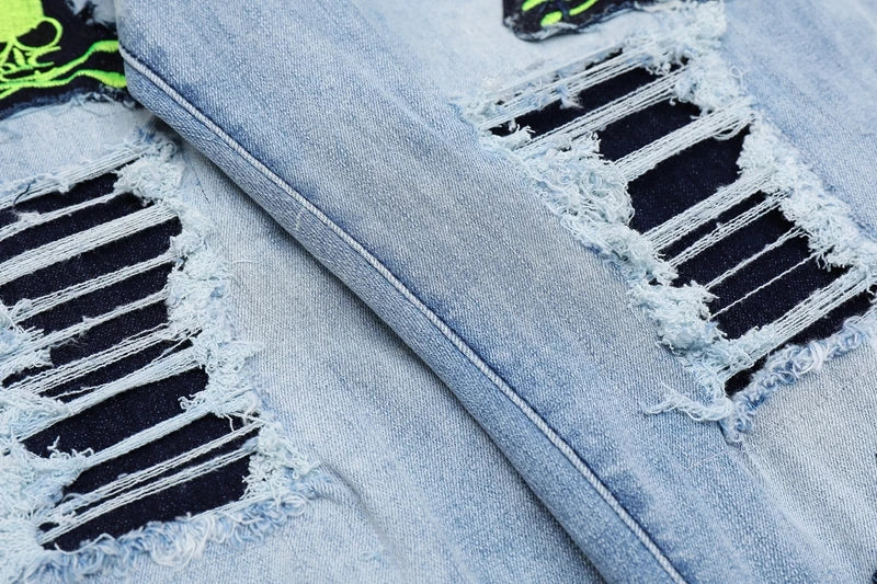 skull embroidery patchwork ripped denim jean pants fashion biker straight trousers streetwear hip hop joggers pant men clothing unique joggers style 2388