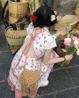 Summer Red Lolita Kawaii Dress Women Bow Sweet Princess Party Mini Dress Female Patchwork Korean Fashion Cherry Cute Dress 2023