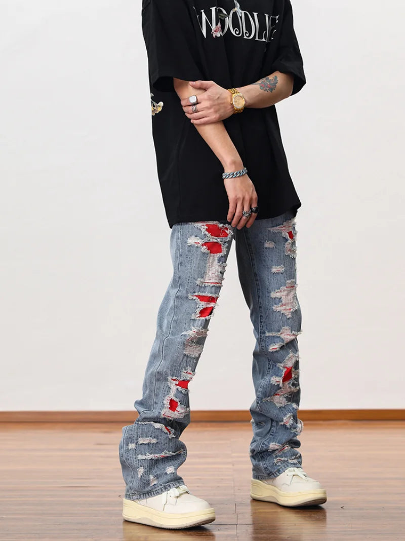 men distressed ripped destroied denim jean pants new fashion patchwork biker jeans streetwear flare pants jogger y2k men s jeans urban active pants