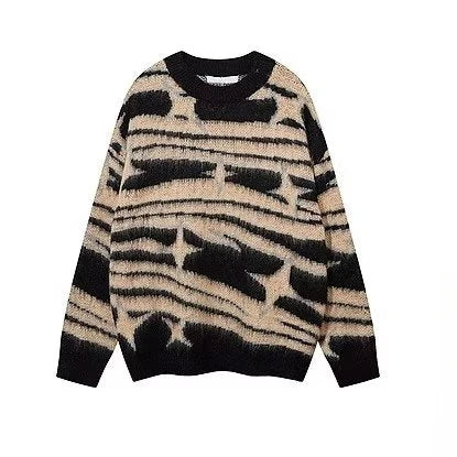 japanese hip hop sweater set men contrast zebra pattern round neck knit top splicing distressed loose jeans 2 pcs harajuku suit unique jeans style 4540