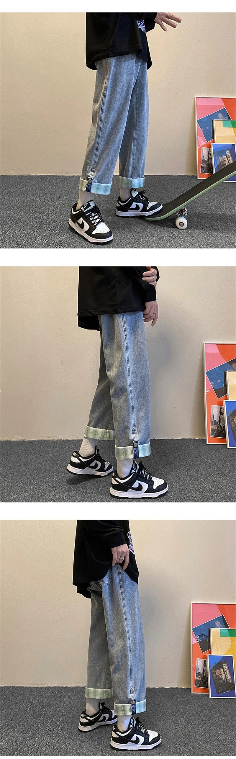 autumn plaid cuffs wide leg jeans for men high street fashion straight denim pants mujer elastic y2k baggy blue jean trousers unique jeans style 846