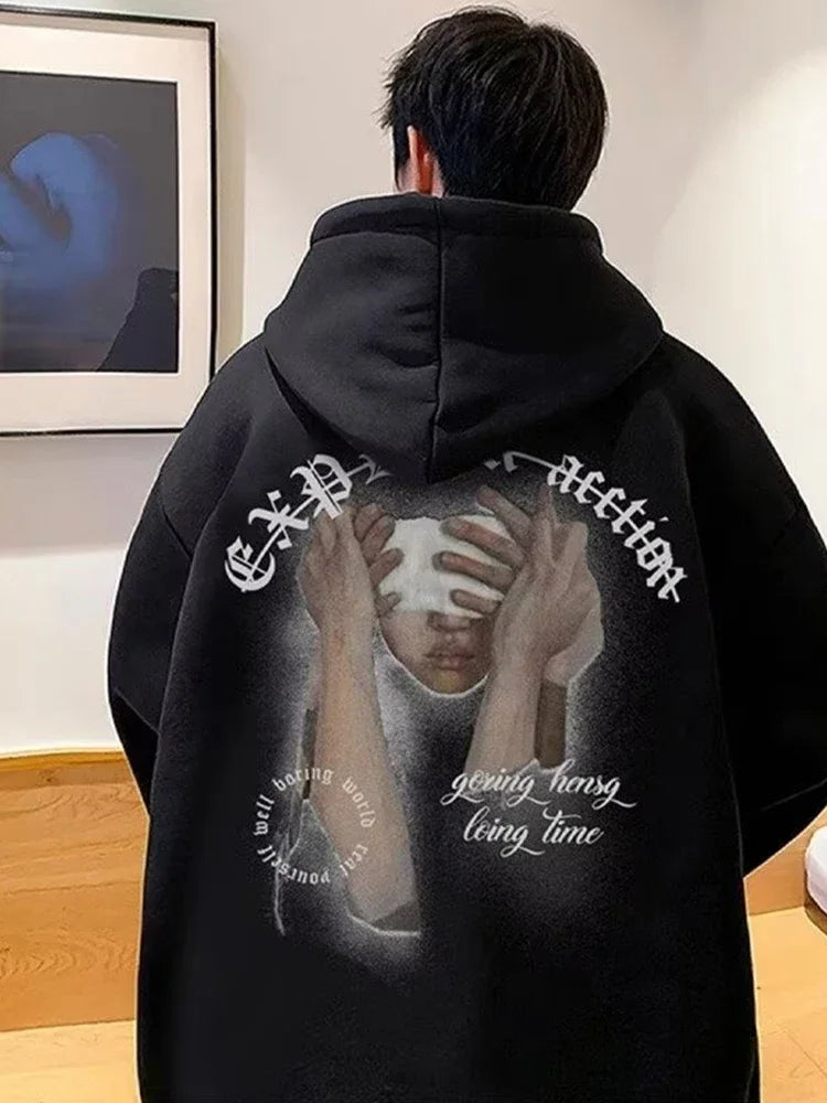 New Goth Graphic Printed Hooded Sweatshirts For Men Y2K Vintage Street