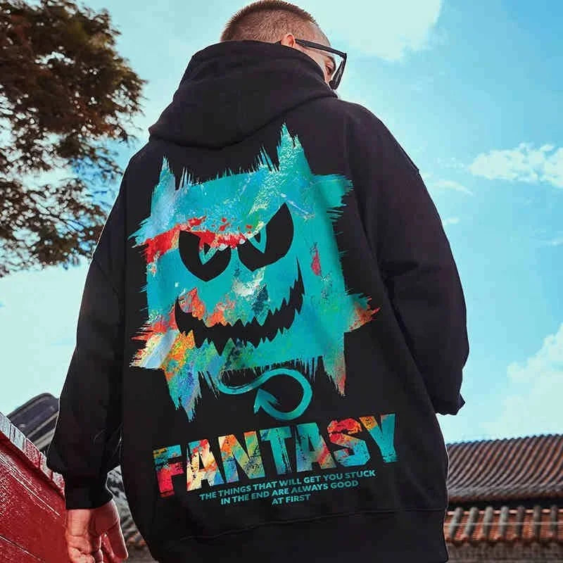 Harajuku Devil Graffiti Print Oversized Hoodies For Men Autumn Hooded