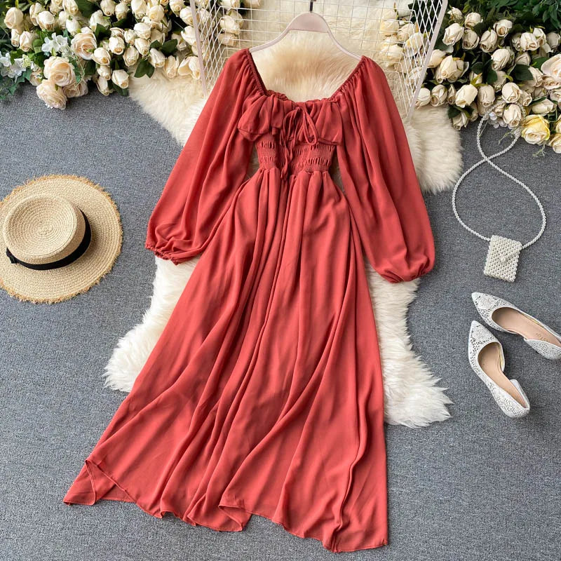 Chic Elegant Square Collar Maxi Dress Women Solid Chiffon Puff Sleeve Dresses 2023 Korean Fashion Vintage Ruffle Vestidos
