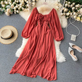 Chic Elegant Square Collar Maxi Dress Women Solid Chiffon Puff Sleeve Dresses 2023 Korean Fashion Vintage Ruffle Vestidos