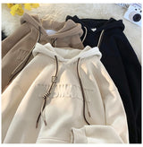 Embossed Letters Casual Hooded Sweatshirt Basic Colours Drawstring Cla