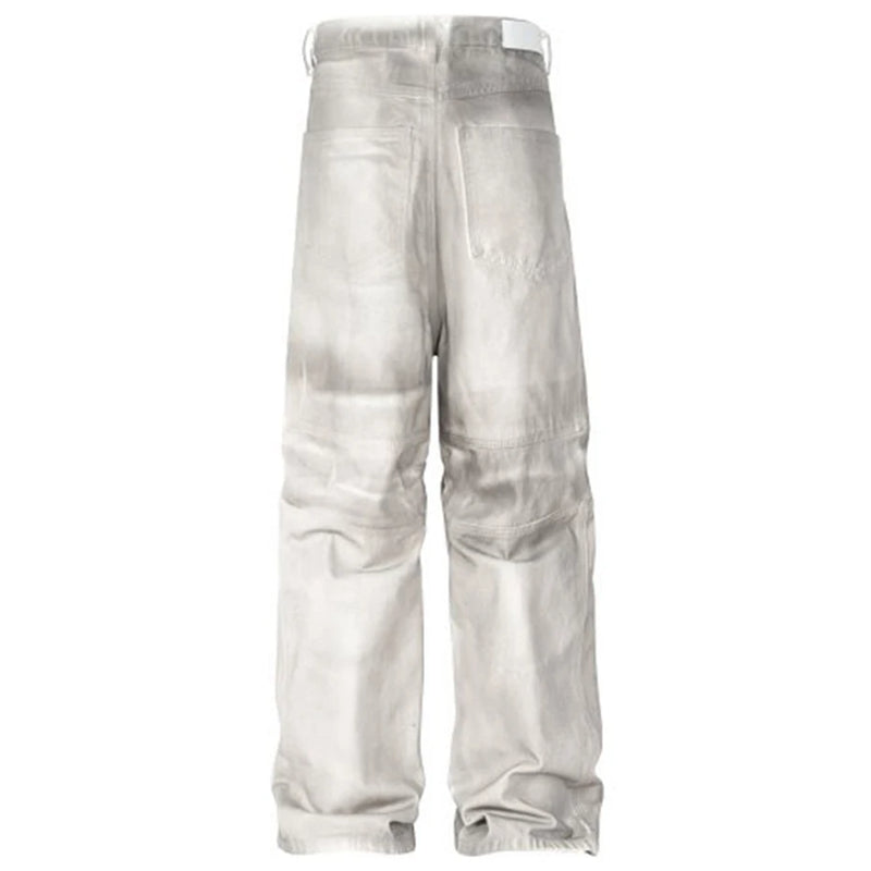 hi street dirty tie dye baggy jeans men pleated loose white straight jeans trousers luxury designer oversized denim pants vintage washed jeans