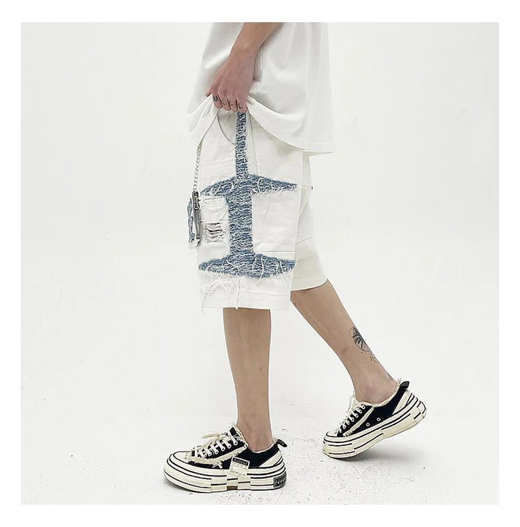 Mens High Street Denim Jean Shorts Casual Loose Destroyed Ripped Holes Loose Shorts Patchwork Hip Hop Streetwear Short Joggers